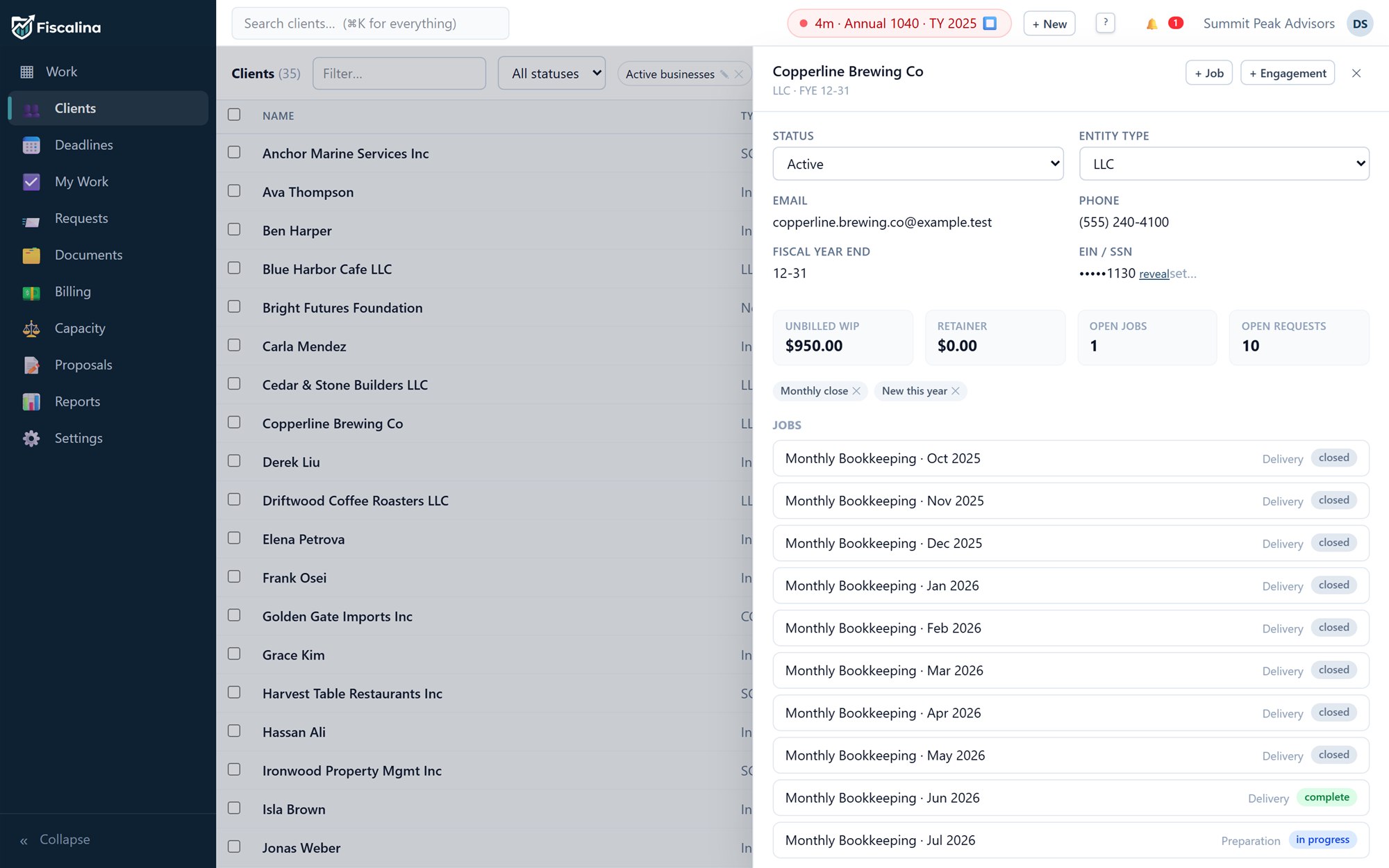 A client drawer for Copperline Brewing Co: status, entity type, masked EIN, unbilled WIP, retainer balance, open jobs and the month-by-month bookkeeping history