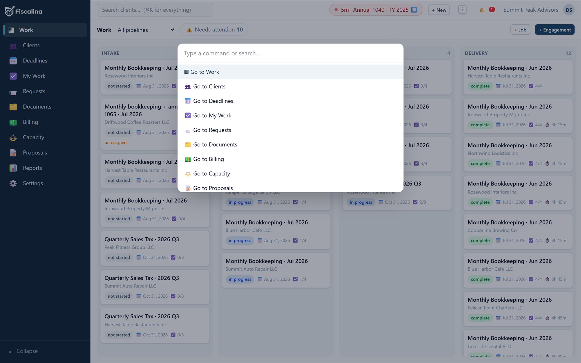 The command palette open over the work board