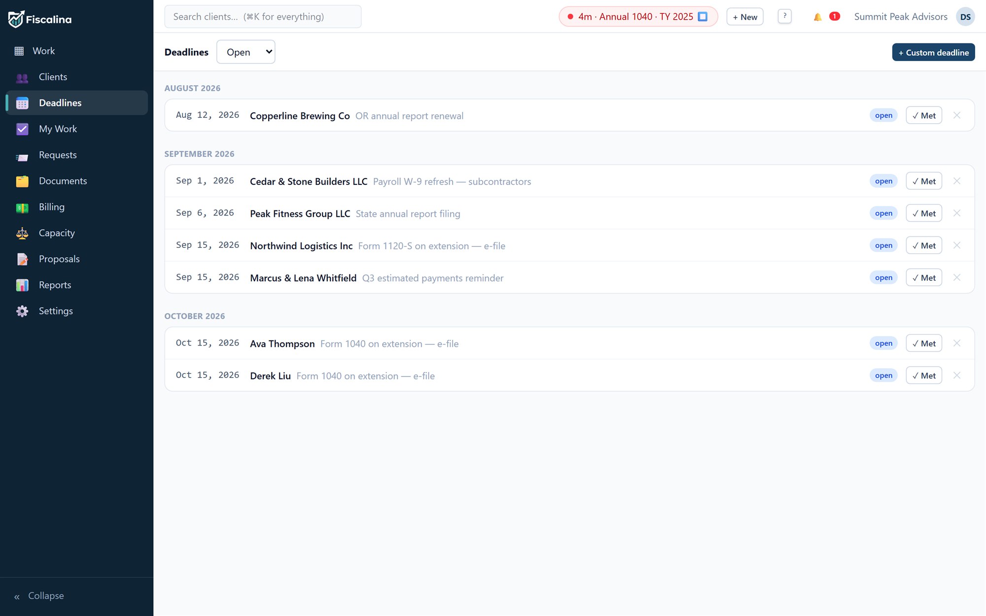 The deadlines view grouped by month: extension e-file dates, state annual reports and estimated payment reminders, each with met and dismiss controls