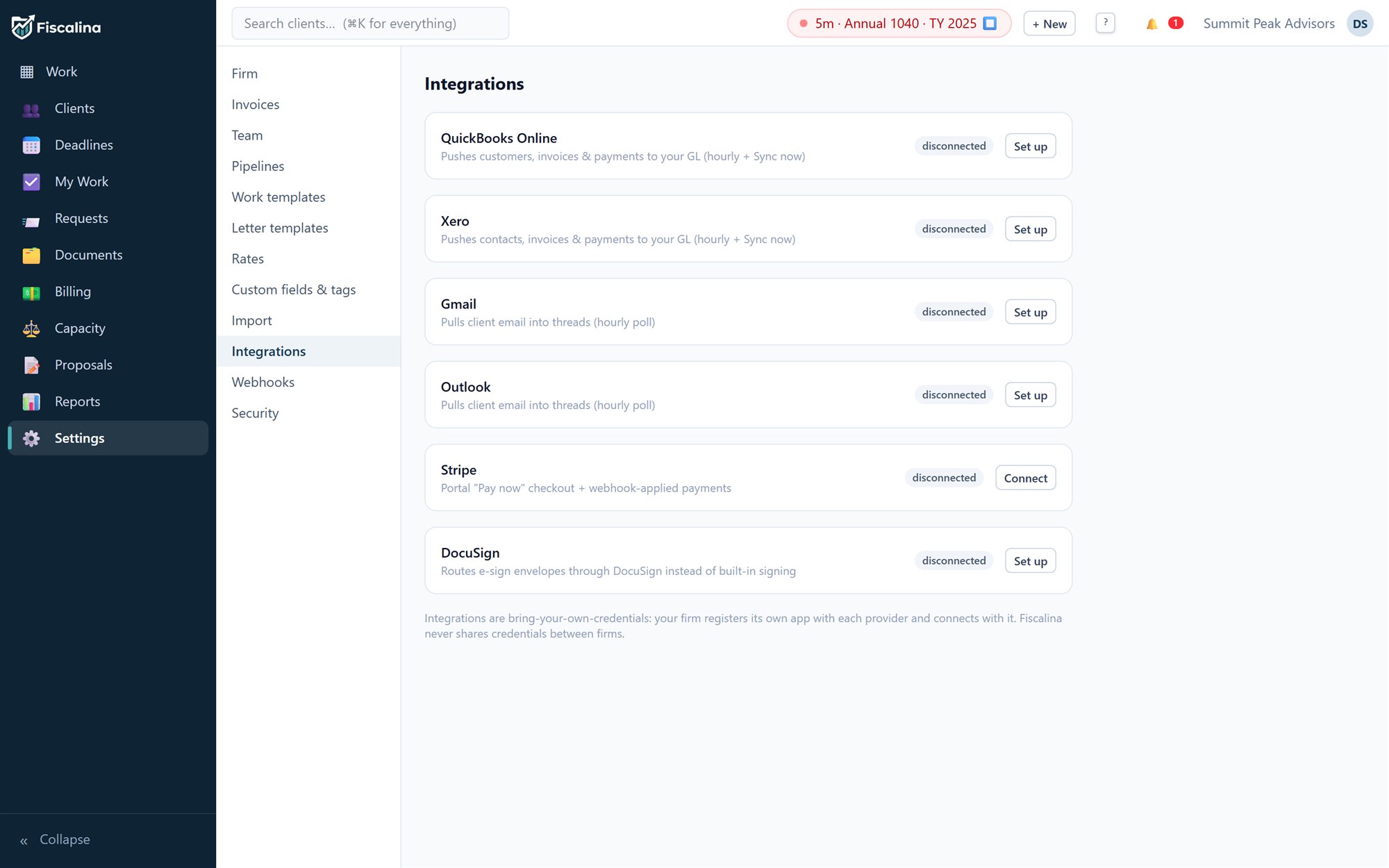 The integrations settings for QuickBooks, Xero, Gmail, Outlook, Stripe and DocuSign