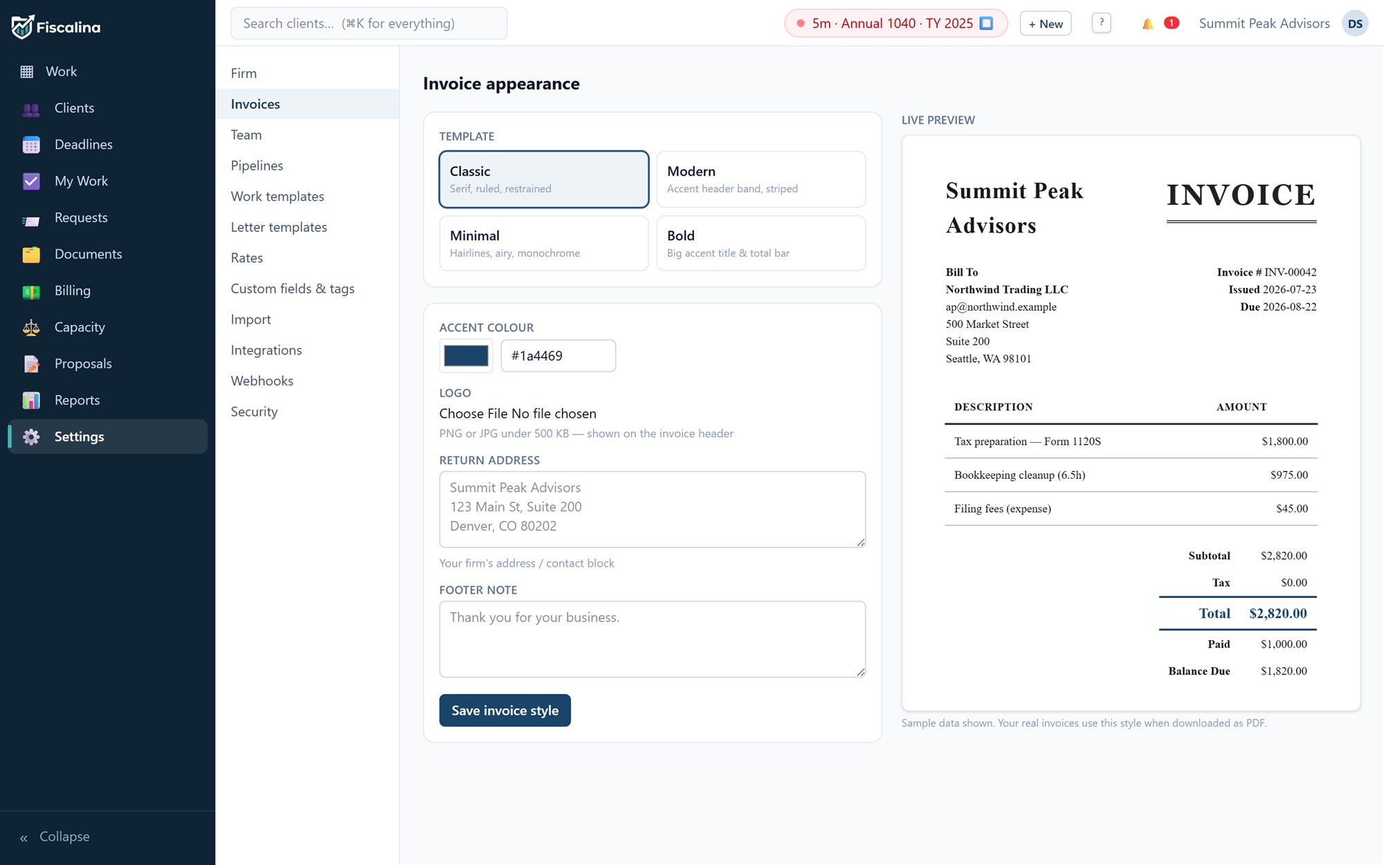 The invoice appearance settings: Classic, Modern, Minimal and Bold templates with a live preview of a Summit Peak Advisors invoice