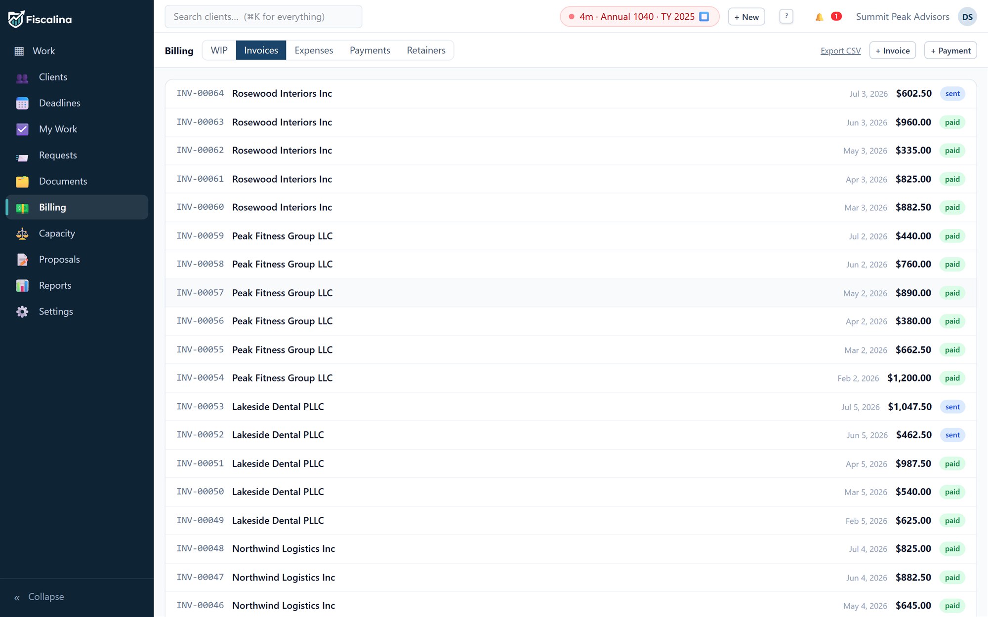 The invoice ledger: a year of monthly invoices per client with paid, sent and partial statuses