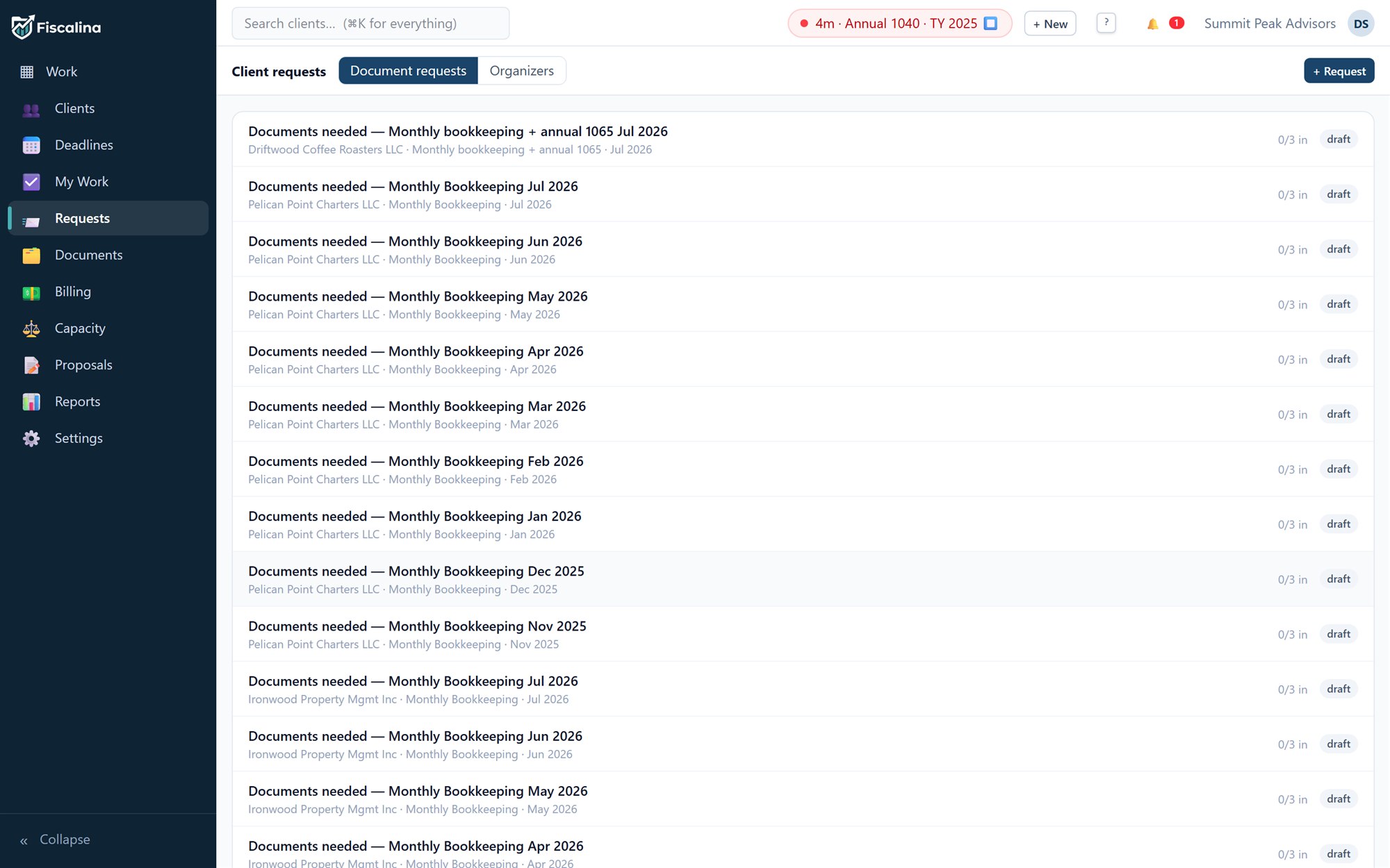 Document requests and organizers with statuses