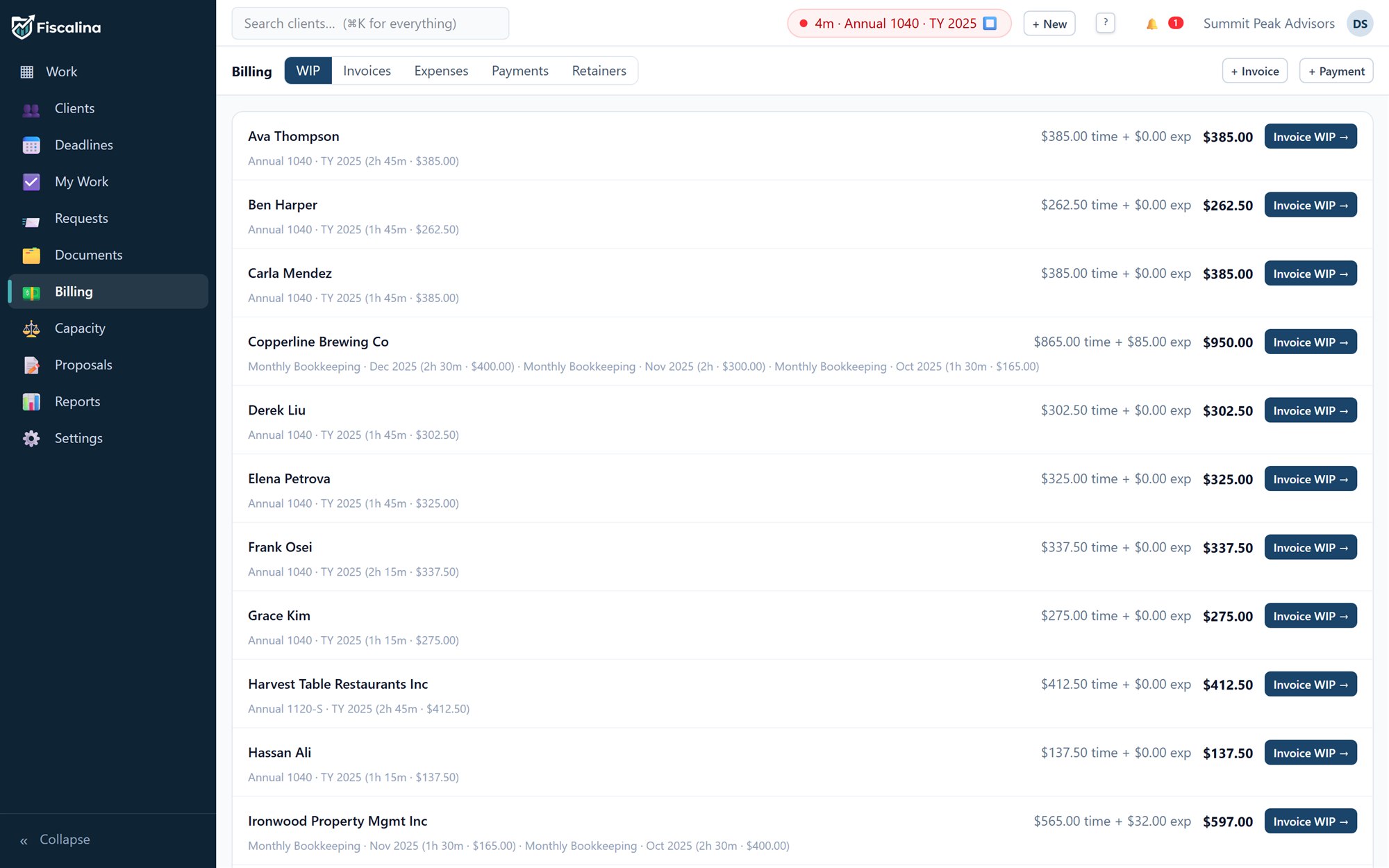 The WIP tab listing unbilled time by client