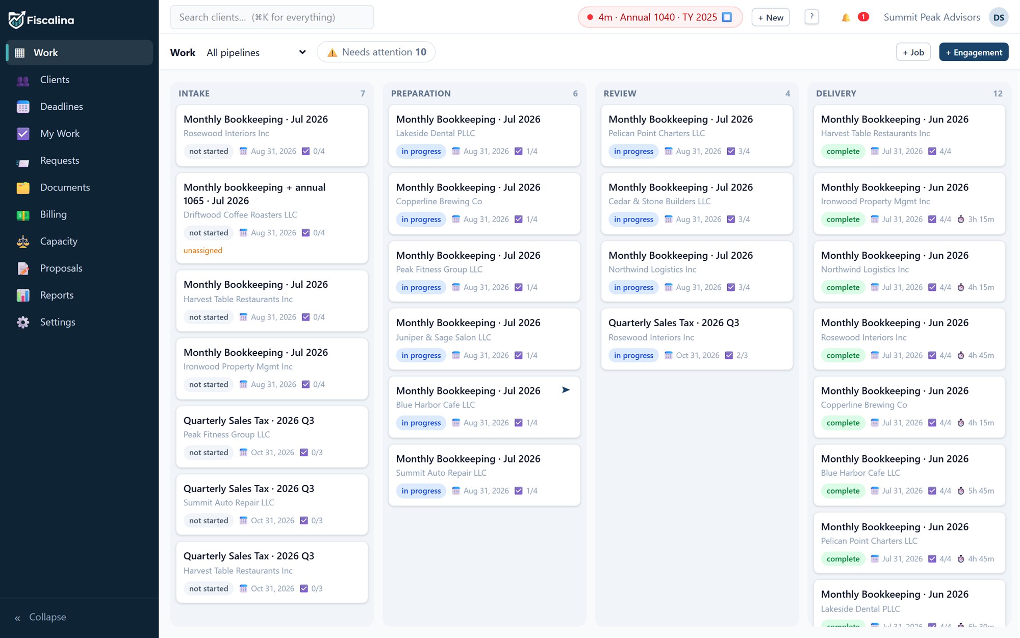 The work board: Intake, Preparation, Review and Delivery columns with bookkeeping and sales-tax jobs, statuses and checklists